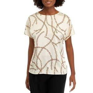 Anne Klein Cream Chain-Print Short Sleeve Boat Neck Blouse Size Large
